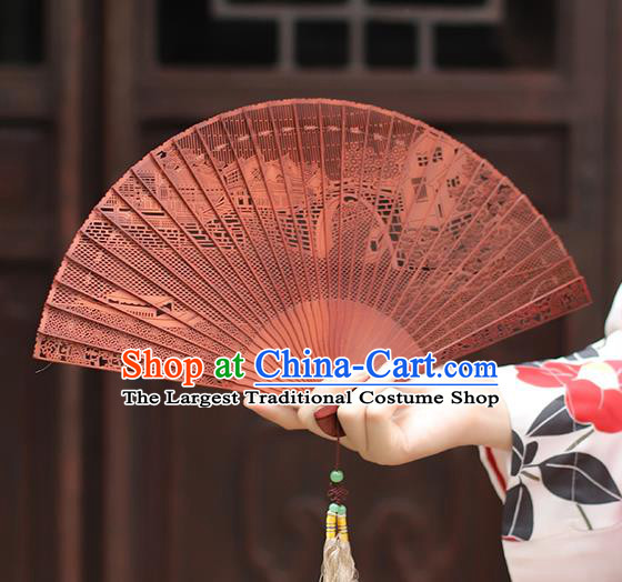 Chinese Handmade Carving Jiangnan Watertown Fan Craft Hollow Sandalwood Accordion Classical Folding Fan