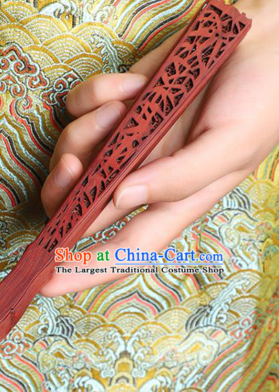 Chinese Hollow Sandalwood Accordion Classical Folding Fan Handmade Carving Bamboo Leaf Fan Craft