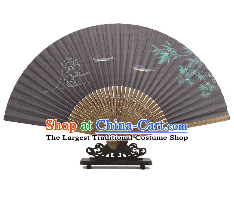 Chinese Classical Bamboo Folding Fan Handmade Painting Fishes Fan Traditional Black Accordion