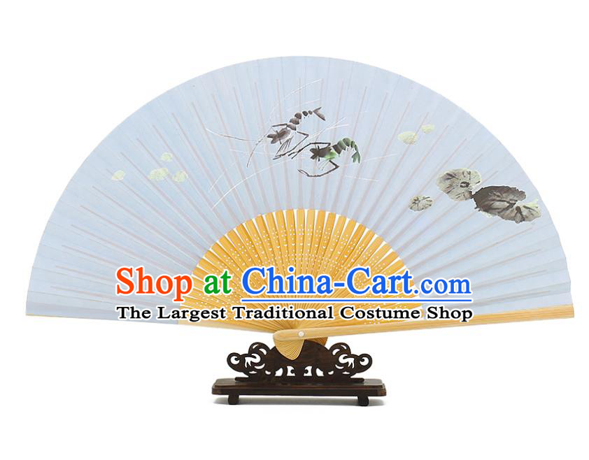 Chinese Handmade Ink Painting Shrimp Fan Traditional White Paper Accordion Classical Bamboo Folding Fan
