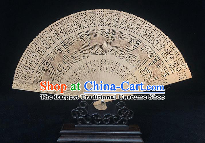 Chinese Traditional Carving Cranes Accordion Classical Folding Fan Handmade Sandalwood Fan