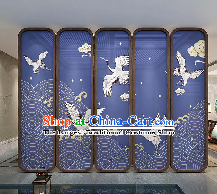 Chinese Handmade Walnut Screen Printing Crane Blue Silk Folding Screens