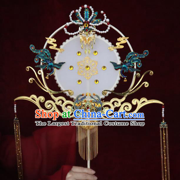 China Classical Hanfu Bride Fan Traditional Wedding Golden Tassel Circular Fan Handmade Blueing Phoenix Palace Fan