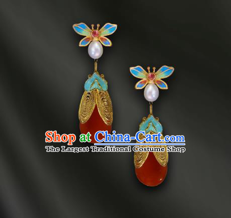 China Handmade Enamel Bee Ear Accessories Traditional Qing Dynasty Agate Earrings