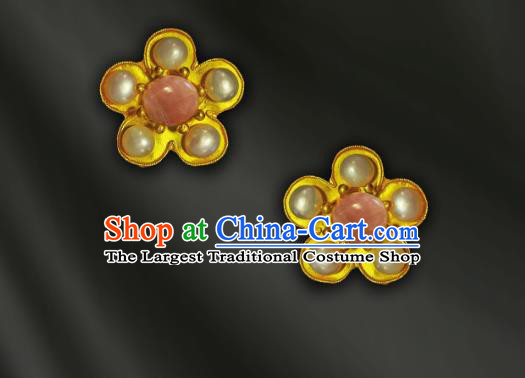 China Traditional Cheongsam Rose Quartz Earrings Handmade Golden Plum Blossom Ear Accessories