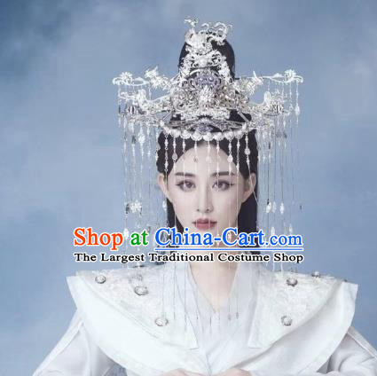 Chinese Drama Sansheng Sanshi Pillow Headwear Ancient Queen Goddess Bai Qian Wedding Argent Tassel Hair Crown