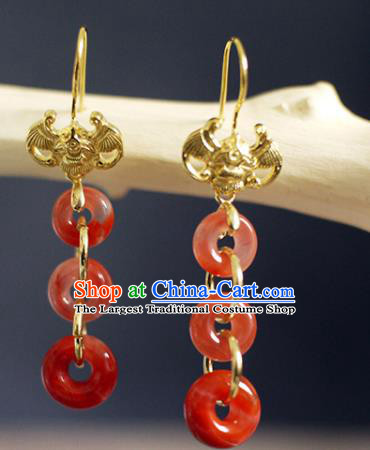China Handmade Agate Rings Earrings Traditional Qing Dynasty Golden Bat Ear Jewelry