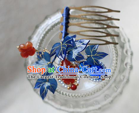 Chinese Traditional Ming Dynasty Hair Stick Ancient Princess Blue Gourd Leaf Hair Comb