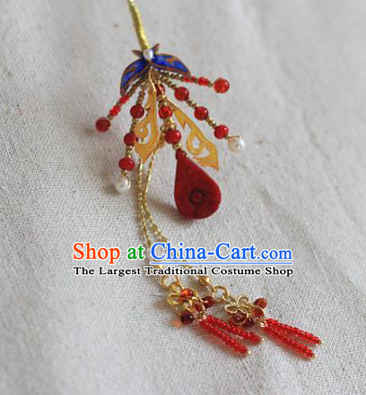 Chinese Traditional Ming Dynasty Butterfly Hair Stick Ancient Palace Lady Red Beads Tassel Hairpin