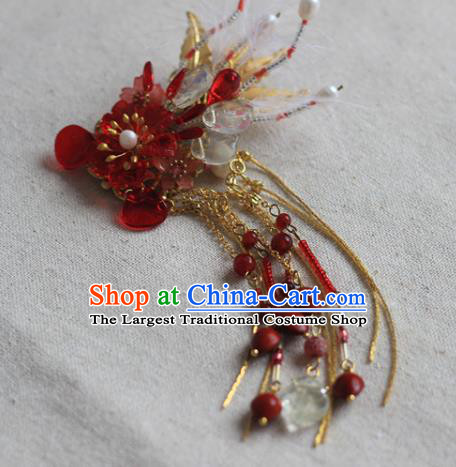 Chinese Ancient Young Beauty Beads Phoenix Hairpin Traditional Ming Dynasty Red Flowers Hair Claw