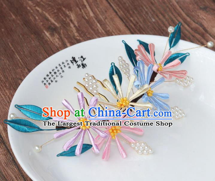 Chinese Ancient Princess Pearls Hairpin Traditional Song Dynasty Silk Chrysanthemum Hair Comb