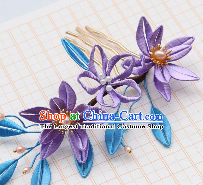 Chinese Handmade Pearls Hair Comb Ancient Song Dynasty Princess Purple Silk Epiphyllum Hairpin
