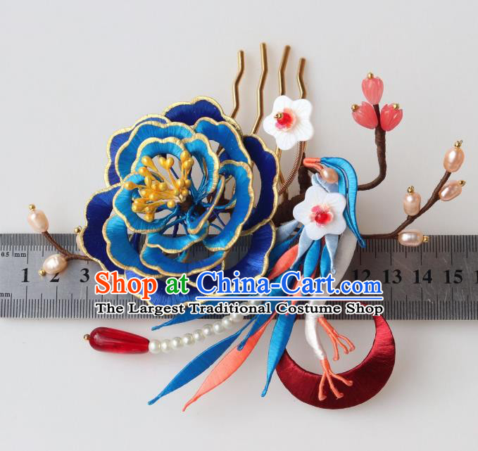Chinese Ancient Palace Lady Plum Hair Stick Traditional Ming Dynasty Royalblue Silk Peony Hair Comb