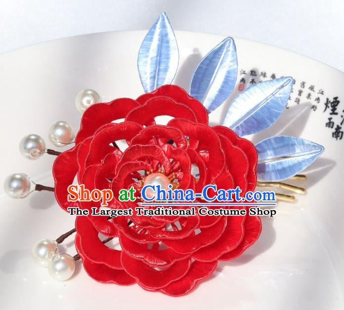 Chinese Tang Dynasty Imperial Concubine Hair Comb Ancient Court Lady Hair Accessories Traditional Hanfu Red Peony Hairpin