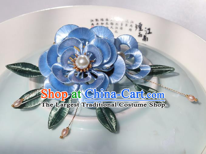 Chinese Ancient Palace Princess Pearls Hairpin Traditional Ming Dynasty Court Woman Blue Peony Hair Comb