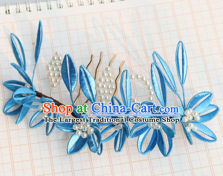 Chinese Handmade Blue Silk Lily Flowers Hair Comb Ancient Ming Dynasty Empress Hair Accessories