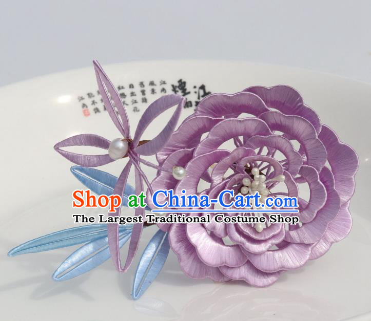 Chinese Traditional Hanfu Lilac Silk Peony Butterfly Hairpin Ancient Princess Hair Accessories