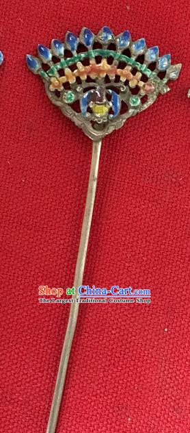 Chinese Ancient Royal Princess Cloisonne Peacock Hairpin Traditional Qing Dynasty Palace Lady Silver Hair Stick