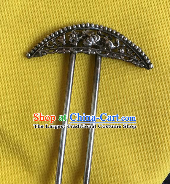 Chinese Ancient Palace Lady Hairpin Headwear Traditional Qing Dynasty Silver Carving Chrysanthemum Hair Stick