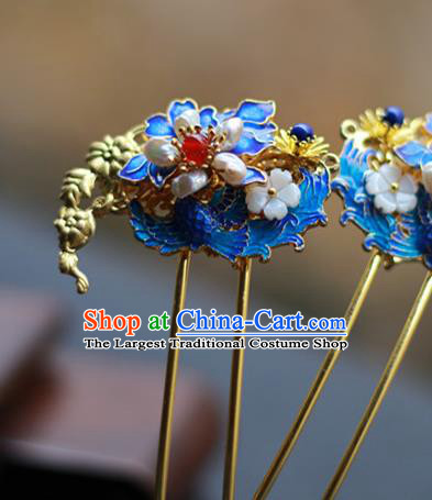 Chinese Ancient Empress Blueing Hairpins Traditional Ming Dynasty Pearls Hair Sticks