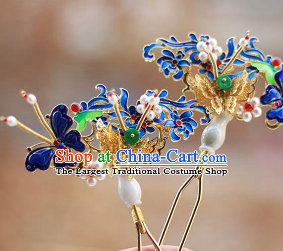 Chinese Ancient Royal Empress Jade Vase Hairpin Traditional Ming Dynasty Blueing Butterfly Hair Stick