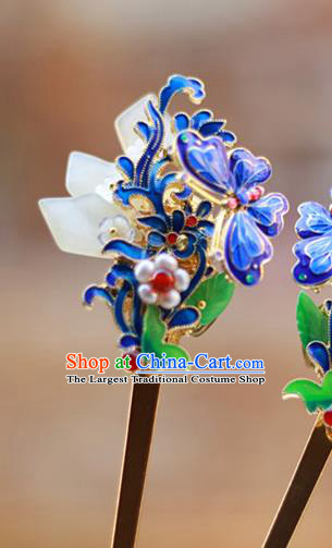 Chinese Ancient Queen Cloisonne Butterfly Hairpin Traditional Ming Dynasty Pearls Jade Hair Stick