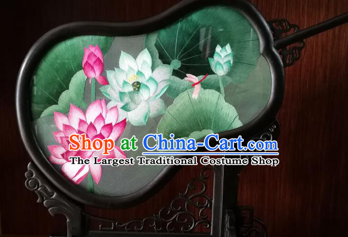 China Traditional Double Side Embroidered Lotus Table Screen Handmade Blackwood Gourd Desk Decoration