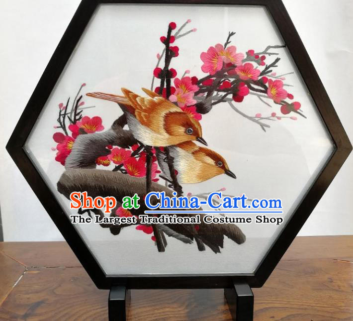 China Traditional Suzhou Embroidered Plum Birds Craft Handmade Blackwood Desk Decoration Embroidery Hexagon Table Screen