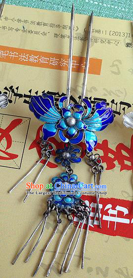 Chinese Ancient Royal Princess Cloisonne Hair Stick Traditional Qing Dynasty Palace Silver Tassel Hairpin