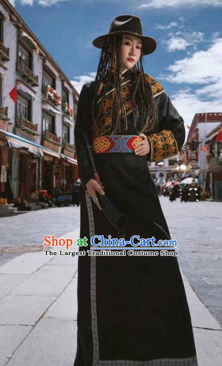 China Zang Nationality Black Bola Dress Traditional Xizang Tibetan Minority Stage Performance Clothing