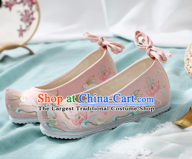 China Traditional Ming Dynasty Hanfu Shoes Handmade Princess Pink Cloth Shoes National Embroidered Rabbit Shoes
