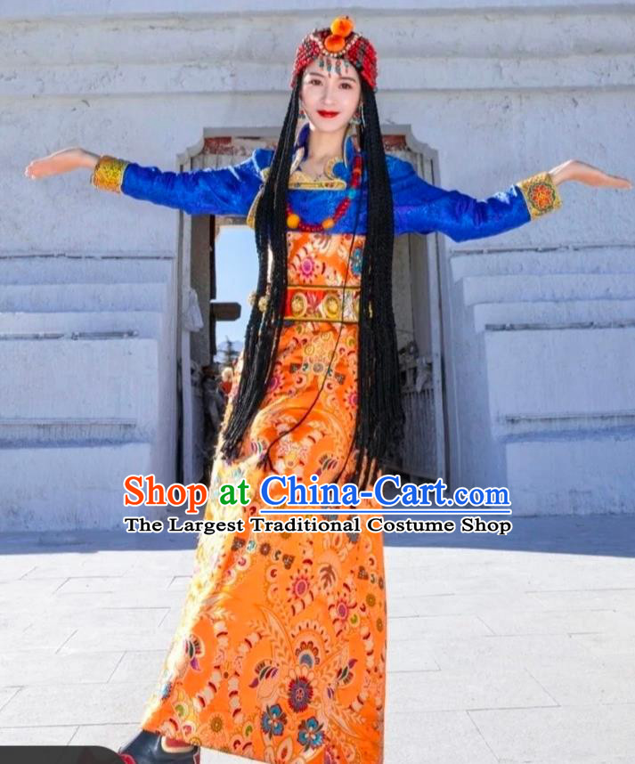 China Zang Nationality Wedding Bride Clothing Traditional Xizang Tibetan Minority Folk Dance Golden Brocade Robe