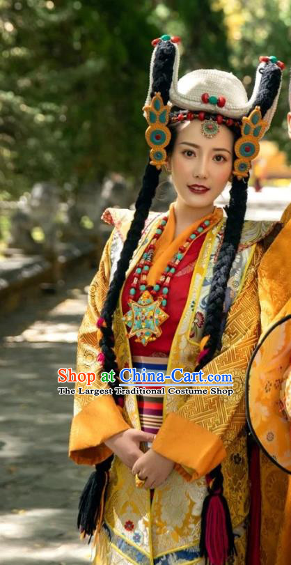 China Zang Nationality Noble Queen Clothing Traditional Xizang Tibetan Minority Golden Brocade Outfits