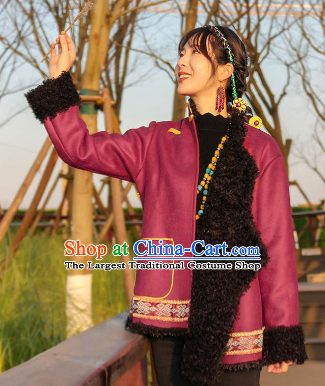 Chinese Tibetan Ethnic Winter Outer Garment Clothing Zang Nationality Woman Wine Red Brushed Jacket