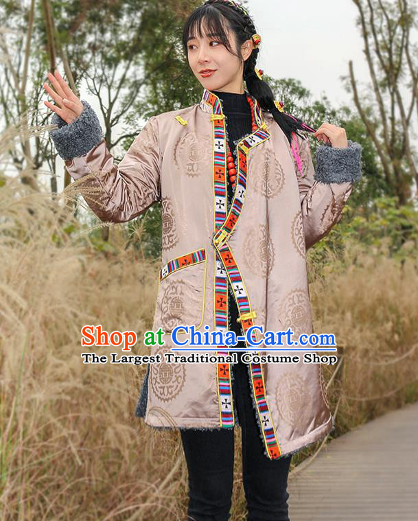 Chinese Zang Nationality Apricot Brocade Cotton Wadded Jacket Traditional Tibetan Ethnic Winter Overcoat Clothing