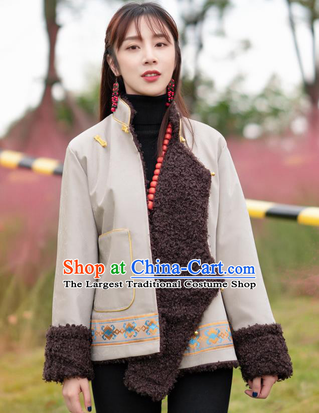 Chinese Traditional Tibetan Ethnic Winter Lamb Wool Outer Garment Clothing Zang Nationality Light Grey Leather Jacket