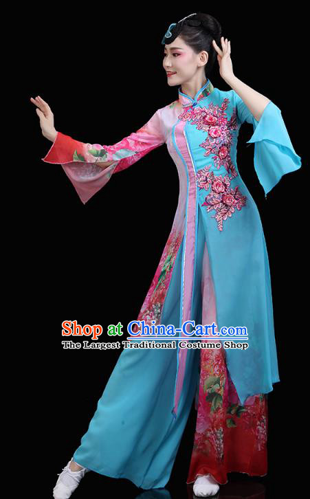 Chinese Classical Dance Embroidered Blue Dress Traditional Woman Group Dance Costume Umbrella Dance Clothing