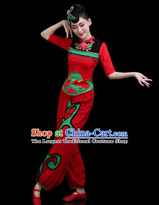 China Traditional Folk Dance Stage Performance Red Outfits Yangko Dance Fan Dance Clothing