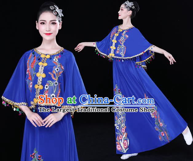 Chinese Yunnan Ethnic Folk Dance Blue Dress Traditional Dai Nationality Performance Embroidered Costume