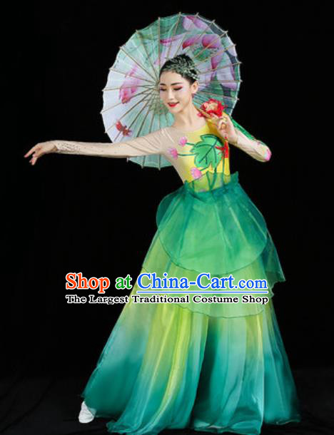 Chinese Classical Dance Clothing Umbrella Dance Green Dress Traditional Woman Group Dance Costume