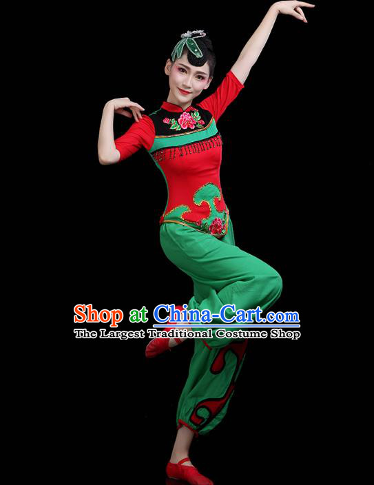 China Jiaozhou Yangko Dance Clothing Traditional Folk Dance Fan Dance Green Outfits