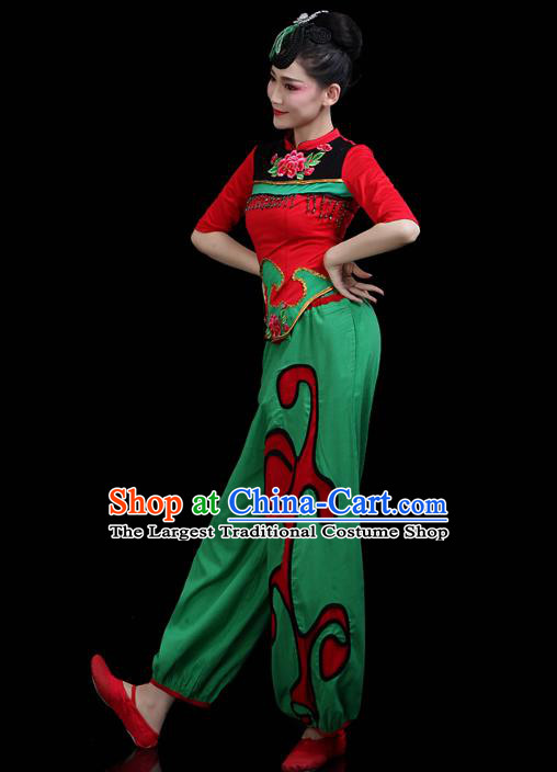 China Jiaozhou Yangko Dance Clothing Traditional Folk Dance Fan Dance Green Outfits