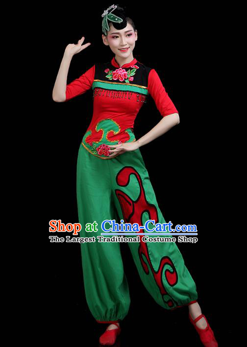 China Jiaozhou Yangko Dance Clothing Traditional Folk Dance Fan Dance Green Outfits