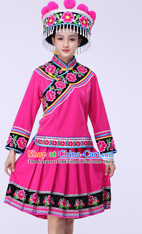 Chinese Traditional Yi Nationality Folk Dance Costume Liangshan Stage Performance Rosy Dress