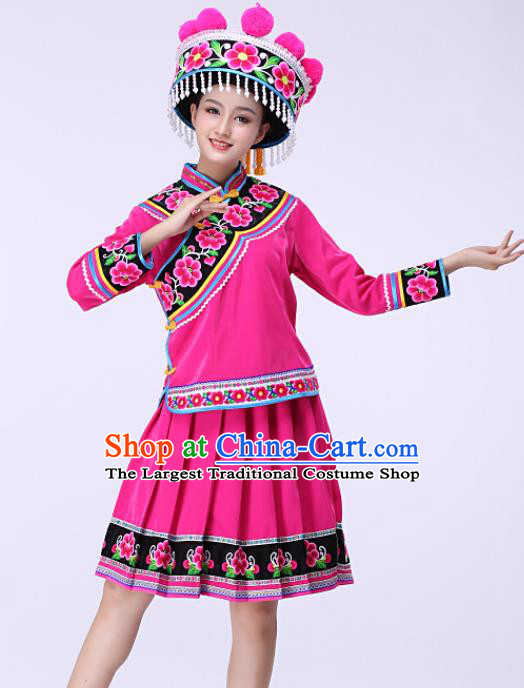 Chinese Traditional Yi Nationality Folk Dance Costume Liangshan Stage Performance Rosy Dress