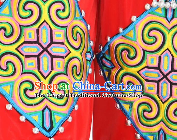 Chinese Ethnic Torch Festival Performance Red Outfits Traditional Yi Nationality Folk Dance Costumes