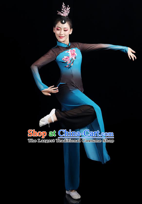 China Folk Dance Competition Clothing Group Fan Dance Costume Yangko Dance Blue Outfits