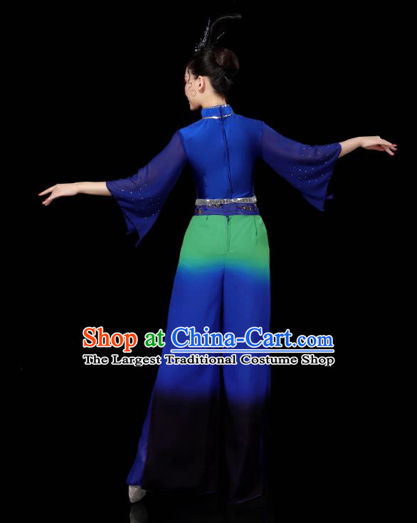 China Folk Dance Deep Blue Outfits Yangko Dance Performance Clothing Traditional Fan Dance Costume