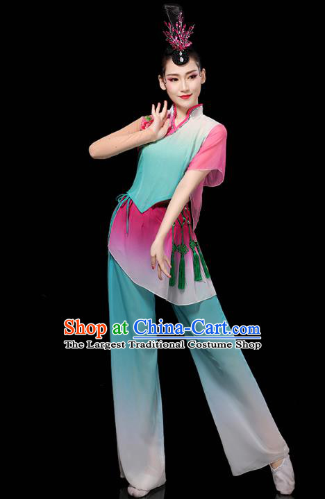 China Folk Dance Performance Blue Outfits Yangko Dance Clothing Traditional Fan Dance Costume