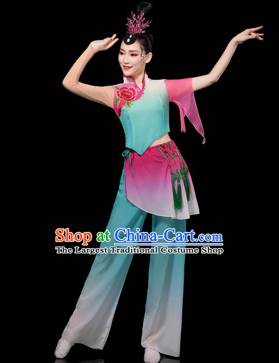 China Folk Dance Performance Blue Outfits Yangko Dance Clothing Traditional Fan Dance Costume